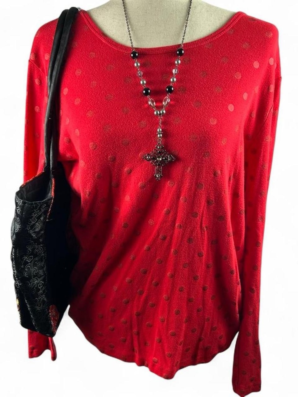 Faded Glory Red Long Sleeve Polka Dot Top